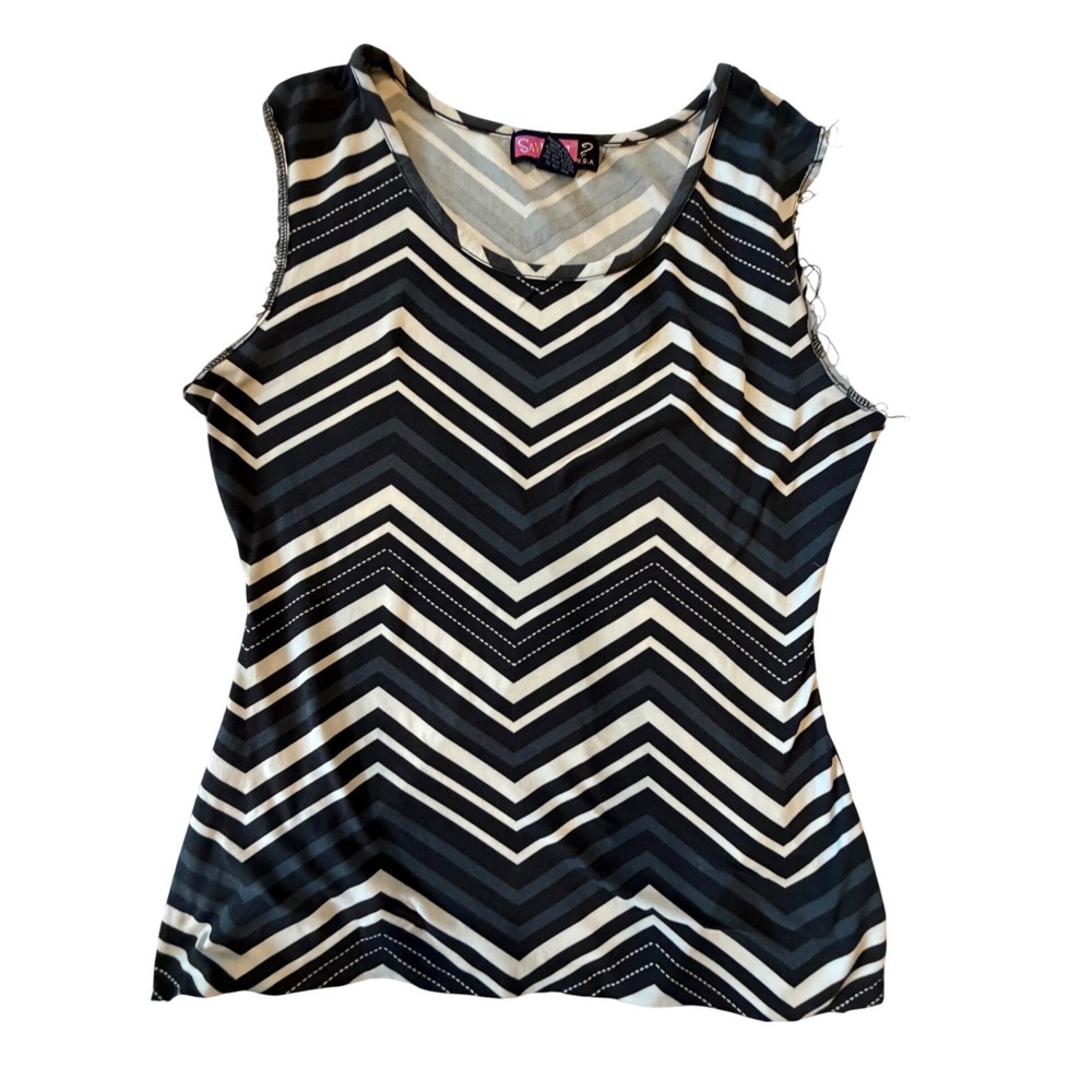 Say What? Women Tank Top Large Black White Grey Chevron Zig Zag Sleeveless Scoop